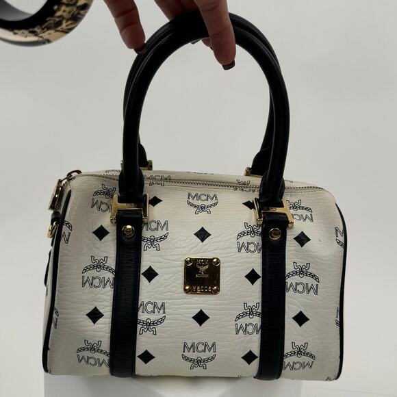 MCM Navy Blue and White Monogram Rare Boston Mini Top Handle Bag - Picture 6 of 6